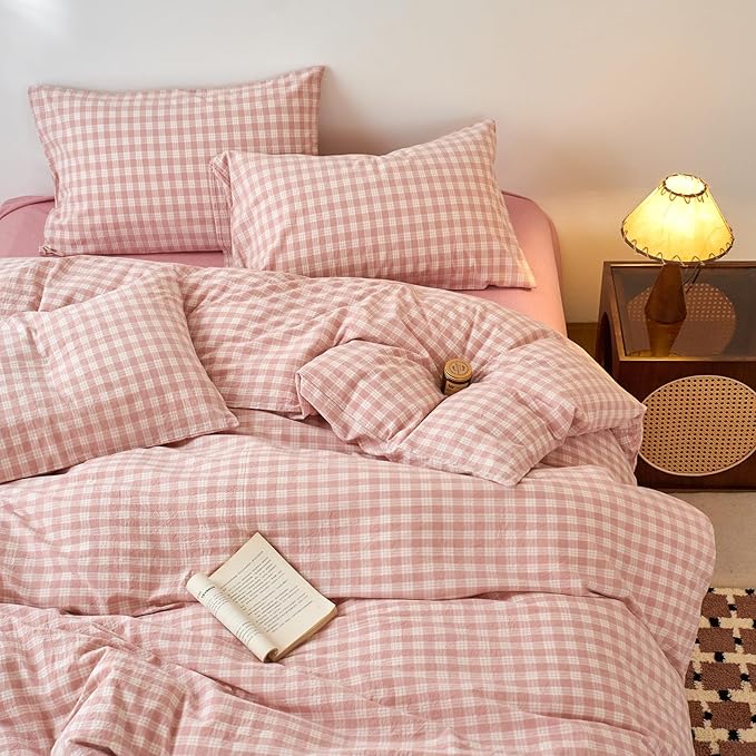EAVD Vintage Style Gingham Plaid Duvet Cover Twin Pink White Soft 100% Washed Cotton Chic Warm Checkered Bedding Set with 2 Pillowcases Farmhouse Grid Gingham Duvet Cover with Zipper Closure