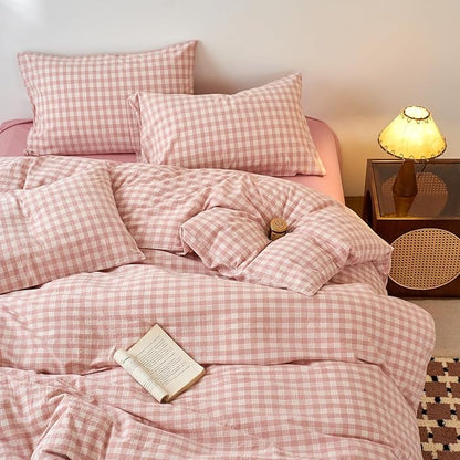 EAVD Vintage Style Gingham Plaid Duvet Cover Twin Pink White Soft 100% Washed Cotton Chic Warm Checkered Bedding Set with 2 Pillowcases Farmhouse Grid Gingham Duvet Cover with Zipper Closure