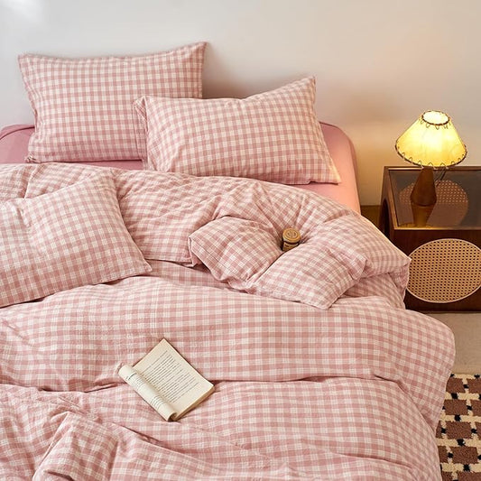EAVD Vintage Style Gingham Plaid Duvet Cover Twin Pink White Soft 100% Washed Cotton Chic Warm Checkered Bedding Set with 2 Pillowcases Farmhouse Grid Gingham Duvet Cover with Zipper Closure