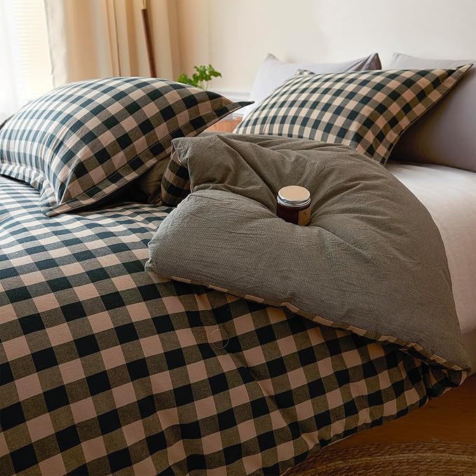 Cyusri Cotton Plaid Queen Comforter Set - Soft Lightweight Bedding 3 Pieces Dyed Bed Set with 2 Pillow Shams,Reversible All Season Farmhouse Down Alternative(Queen Size 90"x90" Dark Green)