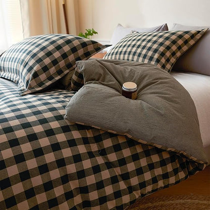 Cyusri Cotton Plaid King Comforter Set - Soft Lightweight Bedding 3 Pieces Dyed Bed Set with 2 Pillow Shams,Reversible All Season Farmhouse Down Alternative(King Size 104"x90" Dark Green)