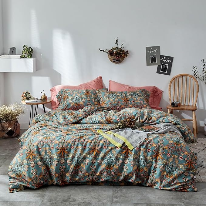 mixinni Vintage Style Garden Flower Duvet Cover Set with Zipper Closure Long Staple Percale Cotton Yellow Vibrant Pattern on Bedding Quilt Cover Set(California King, All Season)