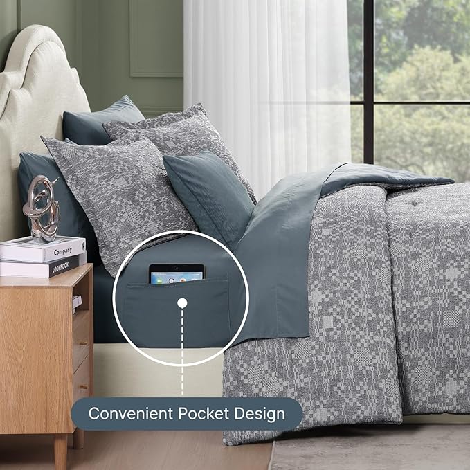 MaiRêve Full Size Comforter Set Navy Blue, Crinkle Textured Design Bedding Set 7 Pieces Bed in A Bag, All Season Farmhouse Comforter Set with Sheets, Pillowcases & Shams