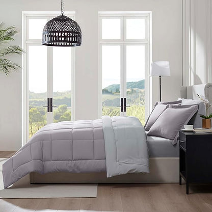 Nestl 7 Piece Full Comforter Set – Grey Lavender Reversible Bed in a Bag – Complete Full Size Bedding Set with Sheets, Pillowcases and Shams