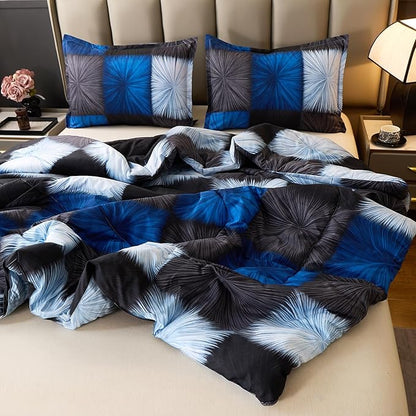 Caressma King Comforter Set Black and Blue (104x90 Inch), 3 Pieces Buffalo Plaid Black and White Checkered Comforter Bedding Set, Stylish Geometric Plaid Fluffy Home Decor for All Seasons