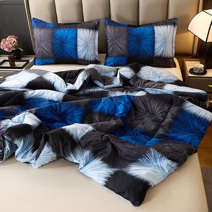Caressma Plaid Comforter Set Black and Navy Blue, Twin Size Black and White Checkered Comforter Bedding Set, Fluffy Black Grid Home Decor for All Seasons