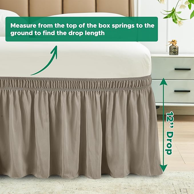 Biscaynebay Wrap Around Bed Skirts for Queen Beds Short Drop of 12", Taupe Adjustable Elastic Dust Ruffles Easy Fit Wrinkle Resistant Silky Luxurious Fabric Machine Washable