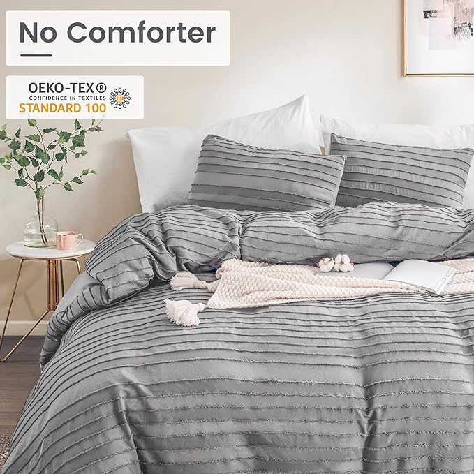 NEXHOME PRO Duvet Cover,Grey 3 Pieces Boho Tufted Duvet Cover Set, Soft and Lightweight 100% Washed Microfiber Comforter Cover Set for All Season(Grey Cal King, 104 x 98)-No Comforter