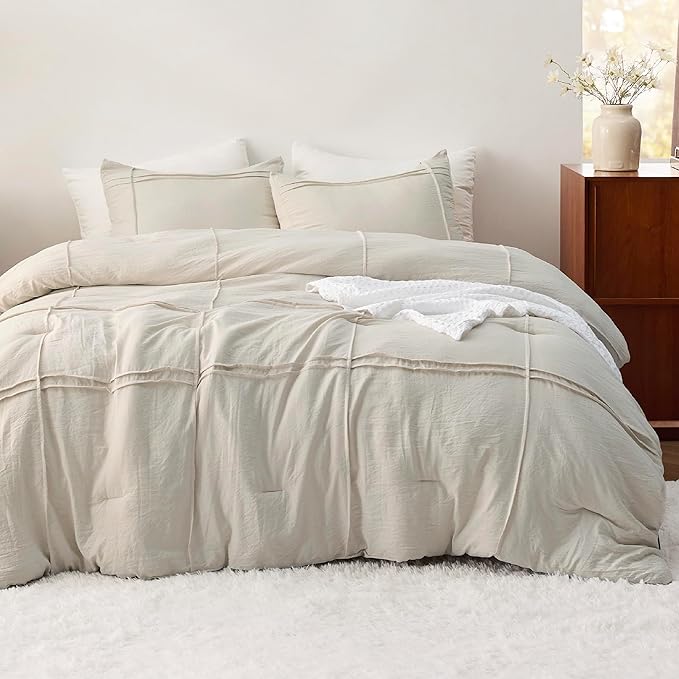 Bedsure Queen Comforter Set with Sheet - 4 Pieces Soft Beige Bedding, Grid Pinch Pleat, All Season Lightweight Fluffy Bed Set with Solid Boho Comforter, Pillowcases & Sheet