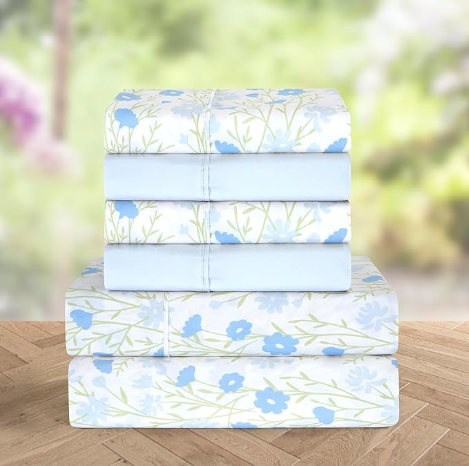 Elegant Comfort Softest and Coziest 6-Piece Sheet Set - 1500 Premium Hotel Quality Microfiber - Deep Pocket, Wrinkle Resistant 6-Piece Floral Bed Sheet Set, Queen, Laurel Blue