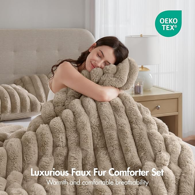 Madison Park Jasmine King Comforter Set, Luxurious Reversible Faux Fur Plush Ribbed Velvet Bedding, Fuzzy Thick Warm Winter Comforter, Super Soft Fluffy 3-Piece Set Taupe
