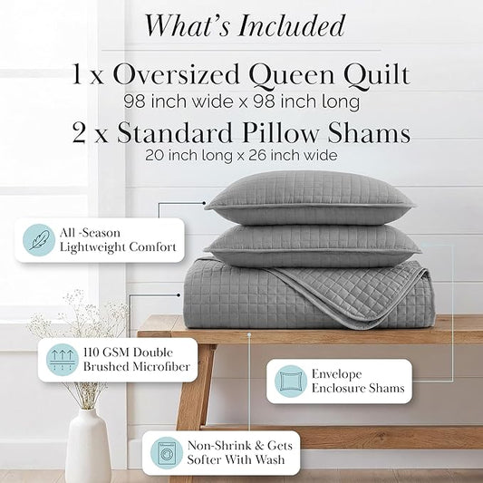 Southshore Fine Living, Inc. Summer Bedspreads Queen Size Quilts with Shams, Full Bedding Set, Quilt Coverlet Queen Size, Full Bedspread with 2 Pillow Shams, Summer Bedding Sets, Steel Grey Quilt