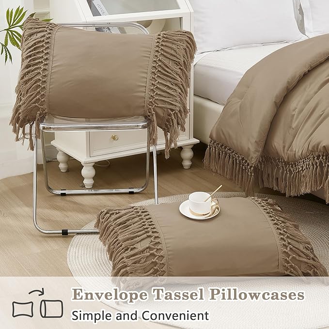 Andency Taupe Comforter Set King, 3 Pieces Boho Tassel Lightweight Soft Bedding Comforter Sets for King Bed, All Season Fluffy Fringe Bed Set (104x90In Comforter & 2 Pillowcases)