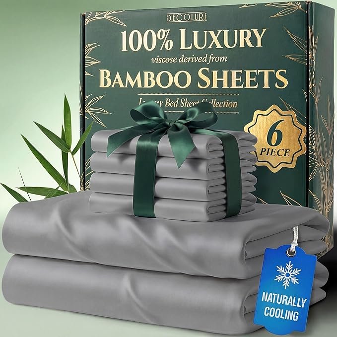 DECOLURE 100% Viscose Derived from Bamboo Sheets King Size - Luxury 6 Pc Naturally Cooling Sheets, Ultra Soft Bed Set - Deep 17" Pockets, Durable Double Stitching, Oeko Tex Standard (Light Grey)