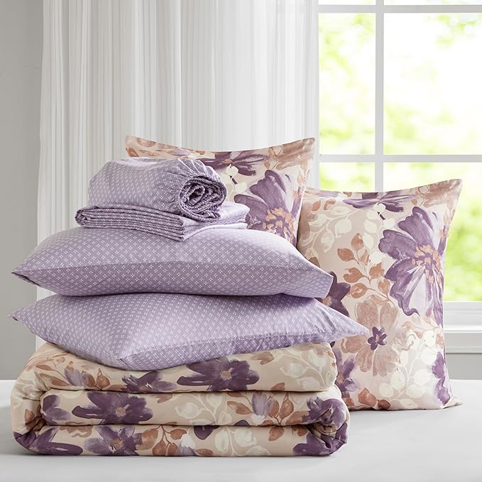 Madison Park Essentials Comforter Set with Sheets, Floral Bed in A Bag Microfiber Comforter, Shabby Chic King Bedding Set Diamond Printed Sheet, Luna, King, Taupe 7 Piece
