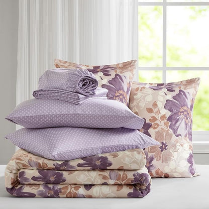 Madison Park Essentials Queen Comforter Set with Sheets, Floral Bed in A Bag Microfiber Comforter, Shabby Chic Queen Bedding Set Diamond Printed Sheet, Luna, Taupe 7 Piece