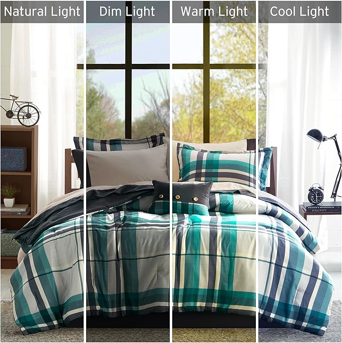 Intelligent Design Robbie 7-Piece Twin Comforter Set – Lightweight All-Season Plaid Bedding, Teal/Black, Cozy Bed-in-a-Bag with Matching Shams & Decorative Pillow, Modern Casual Style