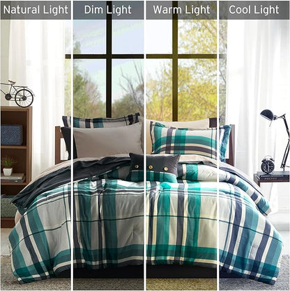 Intelligent Design Robbie 7-Piece Twin Comforter Set – Lightweight All-Season Plaid Bedding, Teal/Black, Cozy Bed-in-a-Bag with Matching Shams & Decorative Pillow, Modern Casual Style