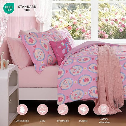 Twin Comforter Set for Girls-3 Pieces Pink Strawberry Twin Bedding Sets for Kids,1 Comforter,1 Sham and 1 Decor Pillow