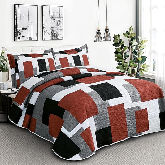 3 Piece Burnt Orange Grey Quilt Set Full/Queen Size Black White Gray Geometric Reversible Bedding Set Microfiber Lightweight Bedspread Coverlet with 2 Shams Bed Covers for All Season, 90''x96''