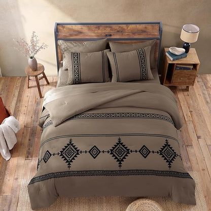 MaiRêve Embroidery Full Size Comforter Set Taupe Grey, Farmhouse Western Boho Bedding Set 7 Pieces, All Season Bed in A Bag Comforter Set with Sheets, Pillowcases & Shams