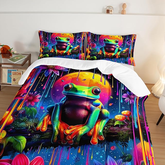 Cartoon Frog Bedding Set Cute King Size,Colored Ink Flower Painting Comforter Sets for Kids Girls Boys Room Decor,Cute Animals Themed Comforter Set with 2 Pillowcases.