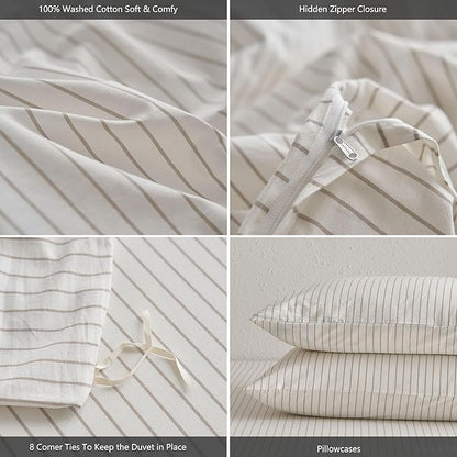 MooMee Striped Duvet Cover Set 100% Washed Cotton Linen Like Textured Breathable Durable Soft Comfy (White Tannish Linen Grey Wide Stripes, Alaska King 132"x120")