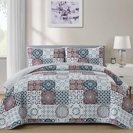 Dobuyly Patchwork Quilt Set Queen Size Boho Plaid Bedspread Red Grey Quilt Coverlet Set, 3 Pieces Soft Microfiber Lightweight Farmhouse Summer Bedding Set for All Seasons 96"x90"