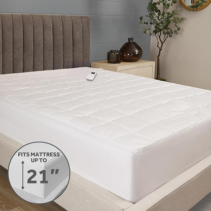 Sunbeam Premium Quilted Electric Heated Mattress Pad, 54" x 75", 12 Heat Settings, 12-Hour Selectable Auto Shut-Off, Warmth for Restful Sleep, Machine Washable, White