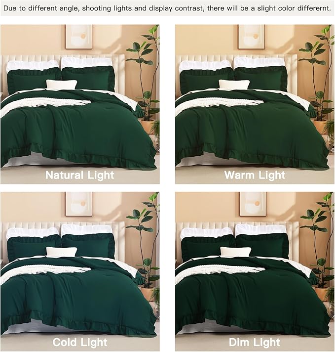 Litanika Dark Emerald Green King Comforter Set, 3 Pieces Boho Vintage Solid Forest Ruffle Bedding Set, All Season Lightweight Bed Set (104x90In Comforter & 2 Pillowcases)