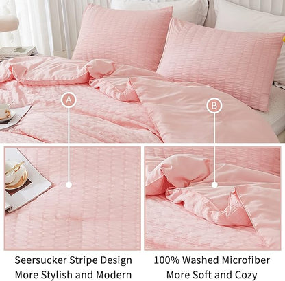 AveLom Blush Pink Seersucker California King Comforter Set (104x96 inches), 3 Pieces-100% Soft Washed Microfiber Lightweight Comforter with 2 Pillowcases, All Season Down Alternative Bedding Set