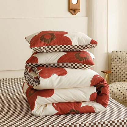 KAREVER Red Floral Comforter Full White with Red Flower Bedding Set 3 PCs Comforter Set Full Size Comforter (80x90 Inches) with 2 Pillowcases (26x26 inches)