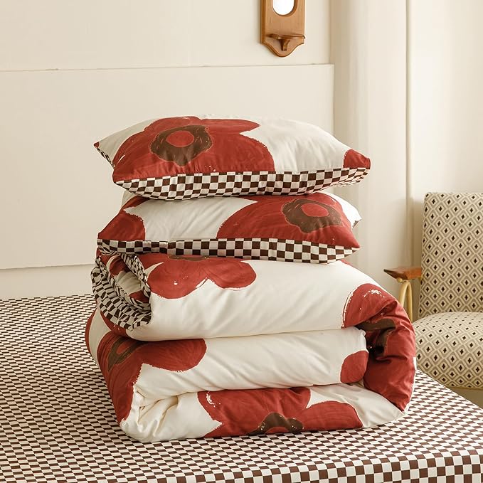 KAREVER Red Floral Comforter Queen White with Red Flower Bedding Set 3 PCs Comforter Set Queen Size Comforter (90x90 Inches) with 2 Pillowcases (26x26 inches)