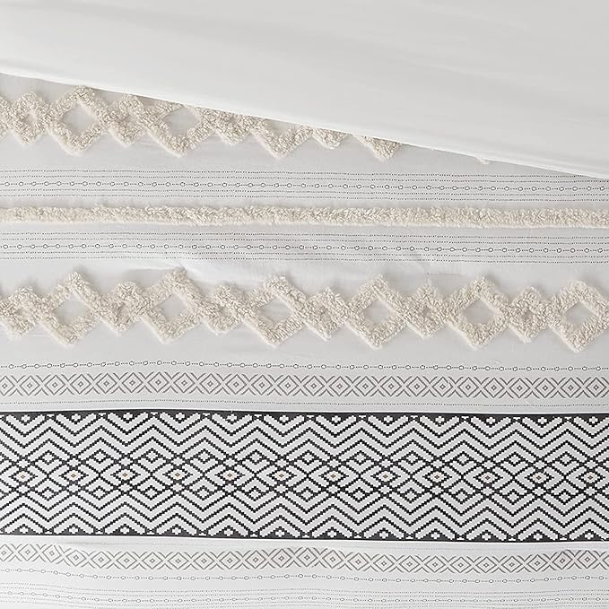 Hyde Lane Farmhouse Bedding Comforter Sets, Ivory Full/Queen Size Boho Bed Set,Cotton Top with Modern Neutral Style Clipped Jacquard Stripes, 3-Pieces Including Pillow Shams (90x90 Inches)