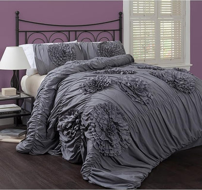 Lush Decor Serena Comforter Set, 3 Piece Set, Full/ Queen, Light Gray - Cute Comforter - Queen Bedding Set - Gray Comforter Queen Size - Coquette Decor