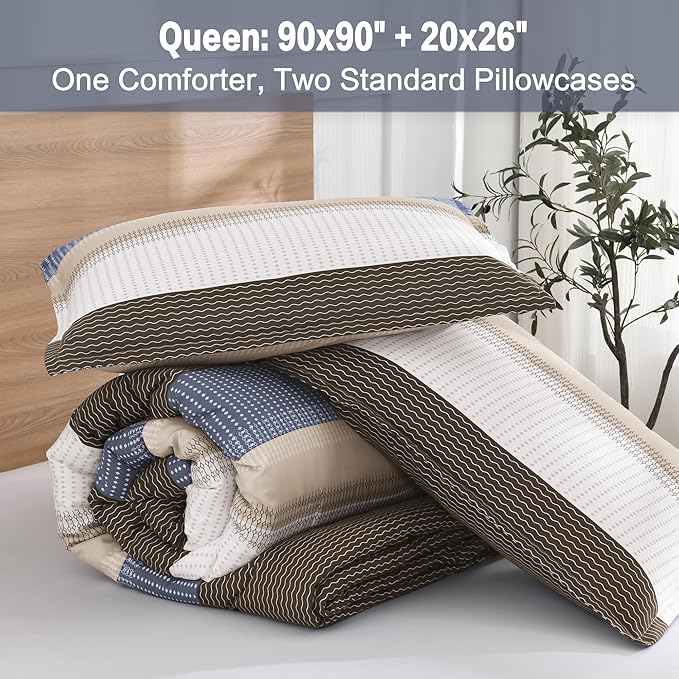 Litanika Queen Comforter Set Blue Brown - 3 Pieces Lightweight Fluffy Bedding Comforter Sets, All Season Down Alternative Comforter (1 Comforter, 2 Pillowcases)