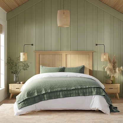 EVERGRACEHOME Stonewashed Cotton Quilt Set King Size, Ultra Soft Oversized Bedspread Coverlet Set, Lightweight Crinkle Box Stitch Bedding Sets for All Season, with 2 Shams, Olive Green