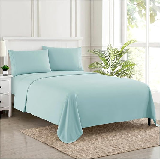 RV Queen Bed Sheets - Breathable Luxury Sheets with Full Elastic & Secure Corner Straps Built In - 1800 Supreme Collection Extra Soft Deep Pocket Bedding Set, Sheet Set, RV Short Queen, Light Blue