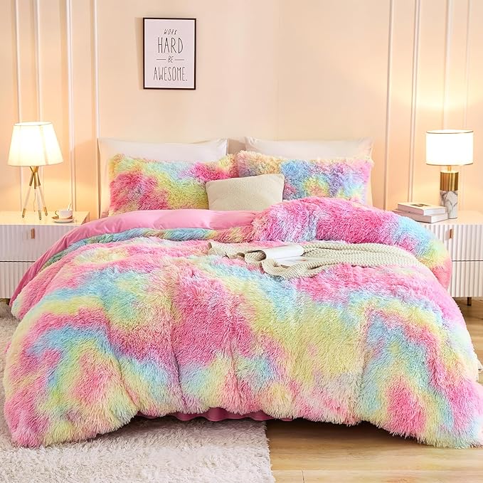 Andency Faux Fur Tie-Dyed Rainbow Comforter for Queen Size Bed, 3 Pieces Fluffy Fuzzy Plush Bedding Comforter Set (1 Shaggy Velvet Comforter & 2 Pillowcases)