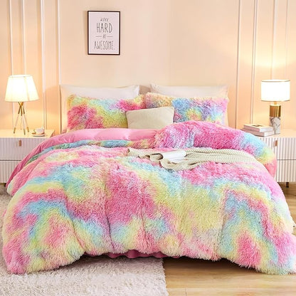 Andency Faux Fur Tie-Dyed Rainbow Comforter for Queen Size Bed, 3 Pieces Fluffy Fuzzy Plush Bedding Comforter Set (1 Shaggy Velvet Comforter & 2 Pillowcases)