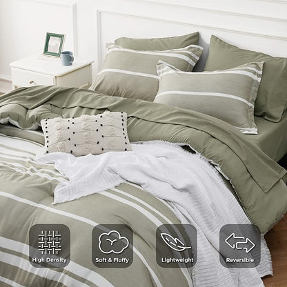 Bedsure Queen Comforter Set 7 Pieces, Olive Green Striped Bedding Set for All Seasons, Reversible, Cationic Dyeing Bed in a Bag with Comforter, Sheets, Pillowcases & Shams