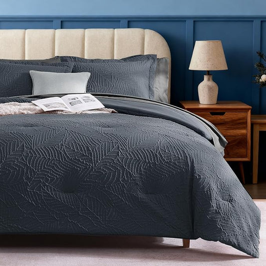 Geniospin Twin Comforter Set - 5 Pieces Blue Gray Textured Bed in Bag, Twin Bedding Sets with Comforter, Sheets, Pillowcases & Shams, All Season Blue Gray Bedding