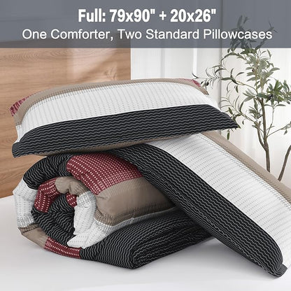 Litanika Full Comforter Set Red Black - 3 Pieces Lightweight Fluffy Bedding Comforter Sets, All Season Down Alternative Comforter (1 Comforter, 2 Pillowcases)