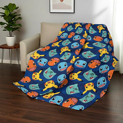 Northwest Pokemon Striped Favorites Full/Queen Quilted Blanket, Cozy Fantasy Bedding for Gamers, Kids & Adults, Throw for Bedroom, Sofa, or Game Room Décor, 90 x 90 Inches