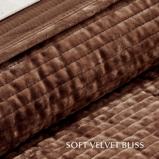 EVERGRACE Velvet Quilt Set Queen Size, Luxurious Soft Quilted Bedding Sets, Lightweight Velvet Comforter for All Season, Striped Channel Bedspread Coverlet with 2 Shams, Rust Brown