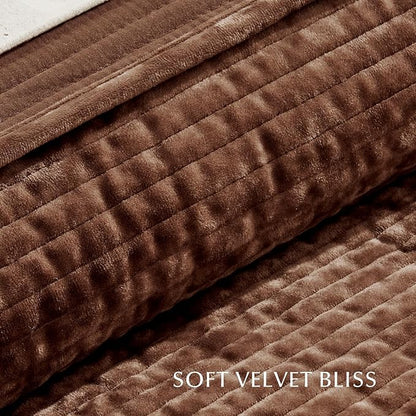 EVERGRACE Velvet Quilt Set Queen Size, Luxurious Soft Quilted Bedding Sets, Lightweight Velvet Comforter for All Season, Striped Channel Bedspread Coverlet with 2 Shams, Rust Brown