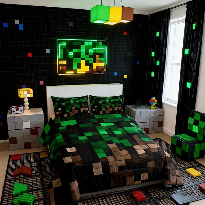 Miners Pixel Checked Comforter Set Full Size,Video Games Check Lattice Kids Bedding Set,Game Cartoon Gamepad Quilt Comforter,Green Brown Duvet Insert,2 Pillowcases