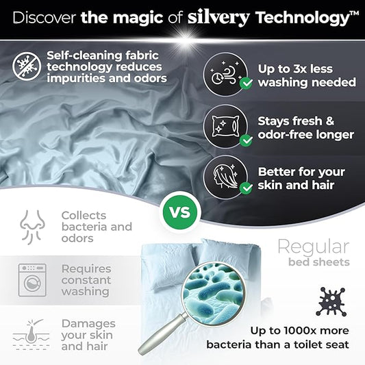 Silvery Silver Infused Bed Sheets Set - Ultra-Soft Temperature-Regulating Fabric with Self-Cleaning Technology™ That Stays Fresh 3X Longer for Hygienic Sleep