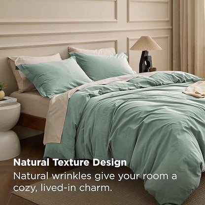 Bedsure 100% Washed Cotton Duvet Cover Queen Size - Iceberg Green Minimalist Bedding Set Linen Like - PureWoven Plain Simple & Soft Comforter Cover for All Seasons (Iceberg Green, Queen, 90"x90")