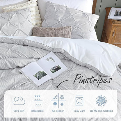 Swift Home King Pinstripe Charcoal Grey Comforter Set - Classic Pintuck Bedding Set - 3 Pieces Bed Linen, 1 Comforter and 2 Pillow Shams